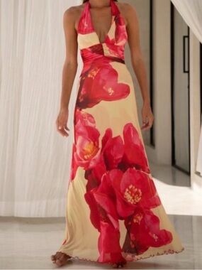 RESA Halter Maxi Dress in Red and Cream Floral